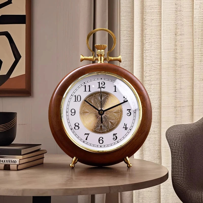 Living Room Household Solid Wood Clock Ornament Desktop New Retro High-end Sense High-end Placement Silent Clock Oasis Select