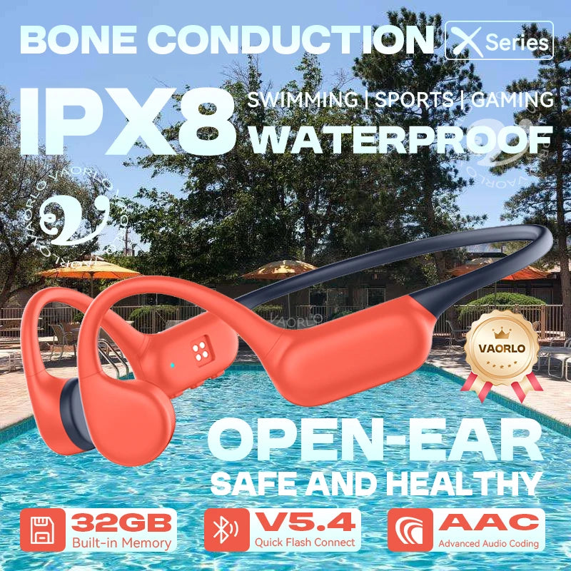 Original VAORLO True Bone Conduction Wireless Headphone IPX8 Waterproof Swimming Sport Hifi Headsets Bluetooth 5.4 32GB MP3 Play Oasis Select X20 OrangeBlue 32GB