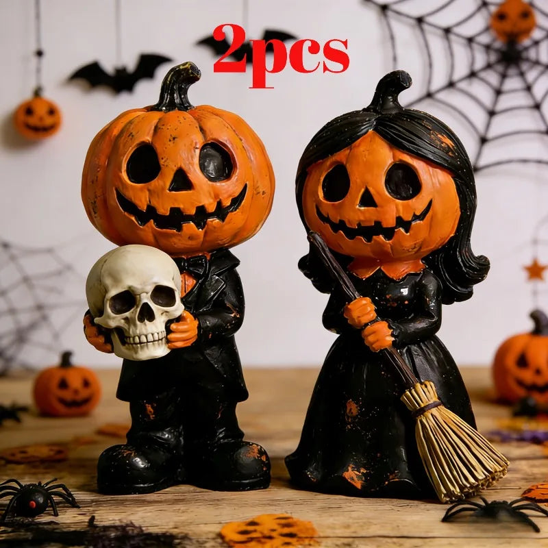 2 pieces of best-selling new Halloween pumpkin couple resin statues, broom Gothic-style statue decorative item Oasis Select