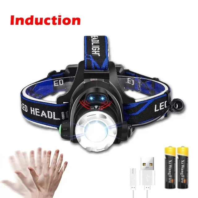 Powerful LED Induction Headlamp USB/DC Rechargeable Headlight Aluminium Alloy Outdoor Fishing Head Lamp High Lumen Head Torch Oasis Select Sensor battery