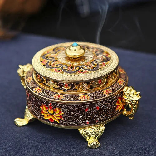 All-metal Enamel Tibetan Incense Burner Household Indoor Aromatherapy Tray Incense Creative Tea Ceremony Decoration Oasis Select Black 13.5CM