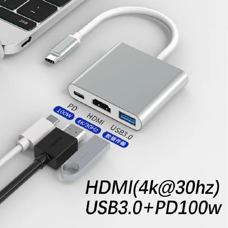 3 IN 1 USB C HUB Type C to 4K HDMI-Compatible Adapter Cable Converter USB DP 100W Type C Charging Converter for Laptop Macbook Oasis Select