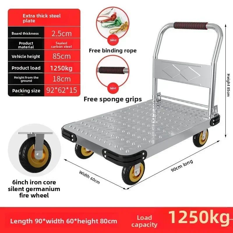 Steel plate pulling trolley trolley trolley handling thickened foldable portable silent trailer pulling flat truck Oasis Select 90-60-6-E