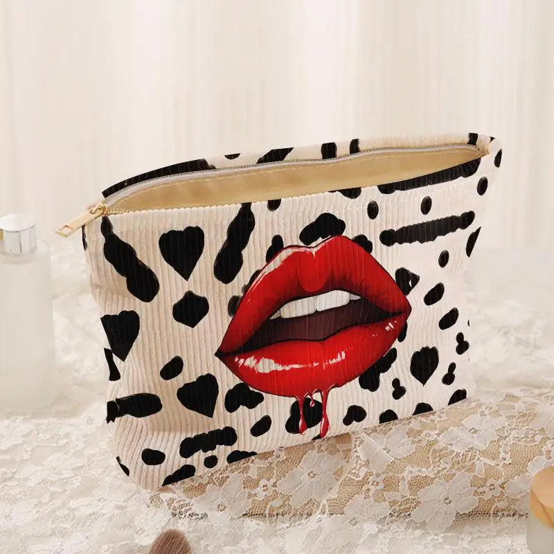 Corduroy Makeup Bag Lip Print & Zipper | Cosmetic Clutch Cosmetic Makeup Bag Oasis Select Black