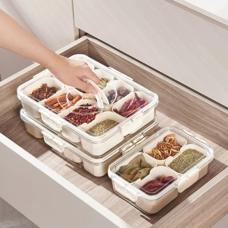 Divided Rotating Serving Tray with Lid and Handle, Portable Snackle Box for Fruits Snacks Veggie Charcuterie, Clear Snack Spinne Oasis Select