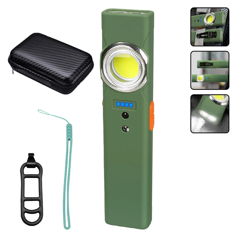 MINI USB Rechargeable LED Flashlight Portable Tail Magnet Flashlight Super Bright Camping Lantern Side COB Emergency Light Oasis Select MC001 Green with bag