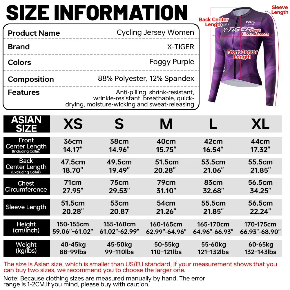 X-TIGER New Women Cycling Jersey Long Sleeve Breathable Quick-drying Purple Slim Fitting Cycling Clothing Pro Bicycle Racewear Oasis Select