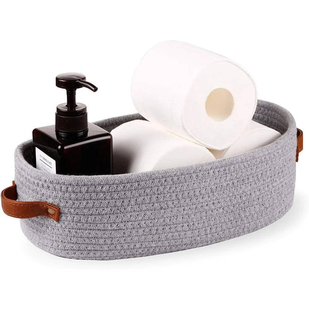 1pc Oval Woven Bathroom Storage Basket, Multifunctional Desktop Organizer, Toilet Paper Holder, Toy Storage Basket Oasis Select Grey