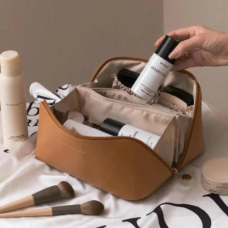 Travel makeup bag, large capacity women's makeup bag, waterproof portable bag open flat wash bag, with divider and handle Oasis Select style 1 bag brown