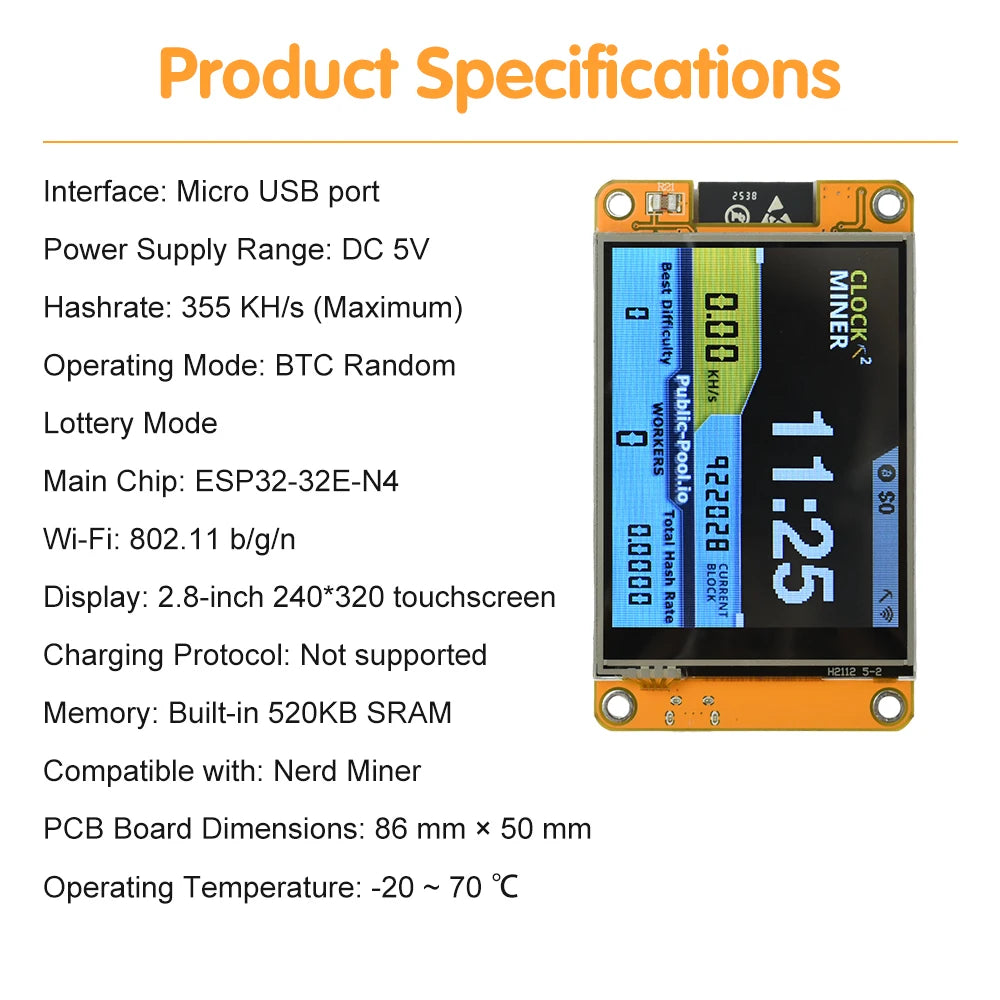 ESP32 Development Board with 2.8-inch OLED Screen High Hash Rate 355KH/s BTC Mining Micro USB Interface Stable Performance Oasis Select