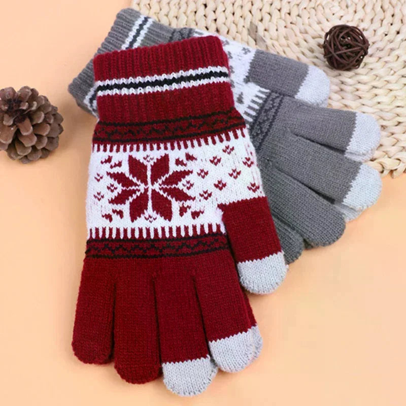Winter Knitted Touchscreen Gloves – Snowflake Embroidery