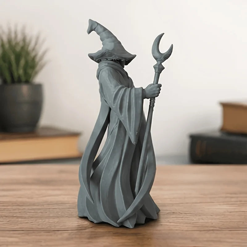 Gothic Faceless Wizard Miniature Figurine 3D Printed Moon Staff Cloaked Mage Statue Home Tabletop Bookshelf Ornament Decor Gifts Oasis Select