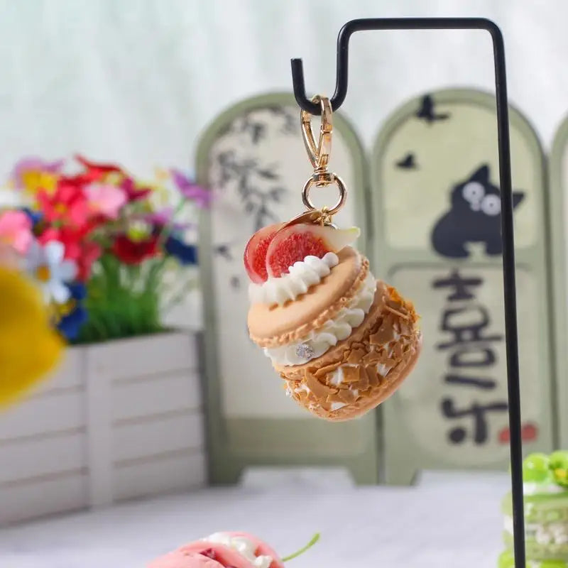 Fruit Macaron Cake Keychain Realistic Dessert Pendant Cute Fun Bag Accessories for Girls Key Ring Holder School Bag Charm Oasis Select A3