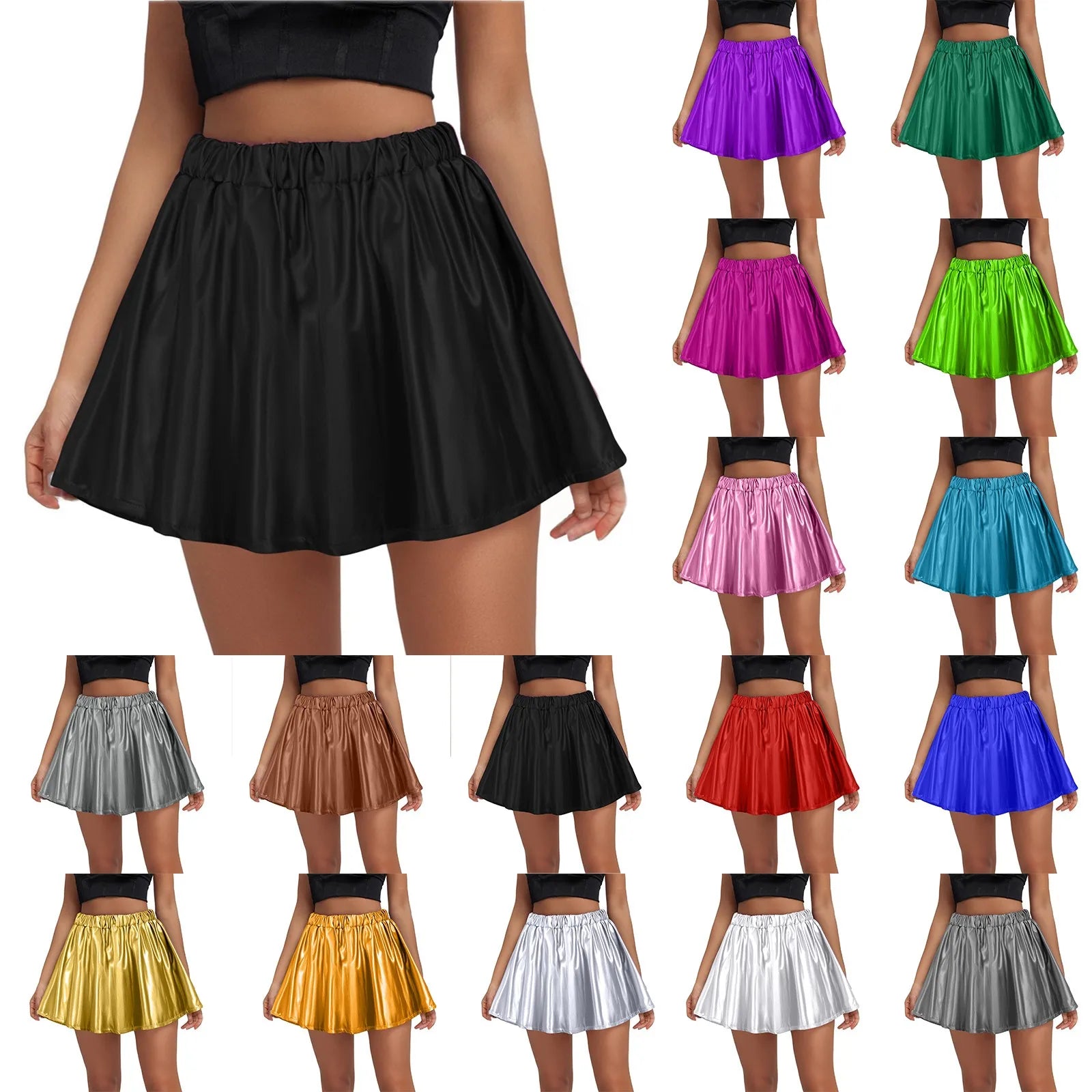 High Waist Pleated Latex Leather Women'S Skirt Fashion Loose Solid Short Skirt Sparkly Shiny Skirts For Women Summer Rave Party Oasis Select