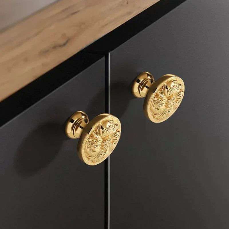 Brass Furniture Genuine Gold Plated Handle Cabinet Door Handle Drawer Light Luxury French European Gold High-end Single Hole Oasis Select