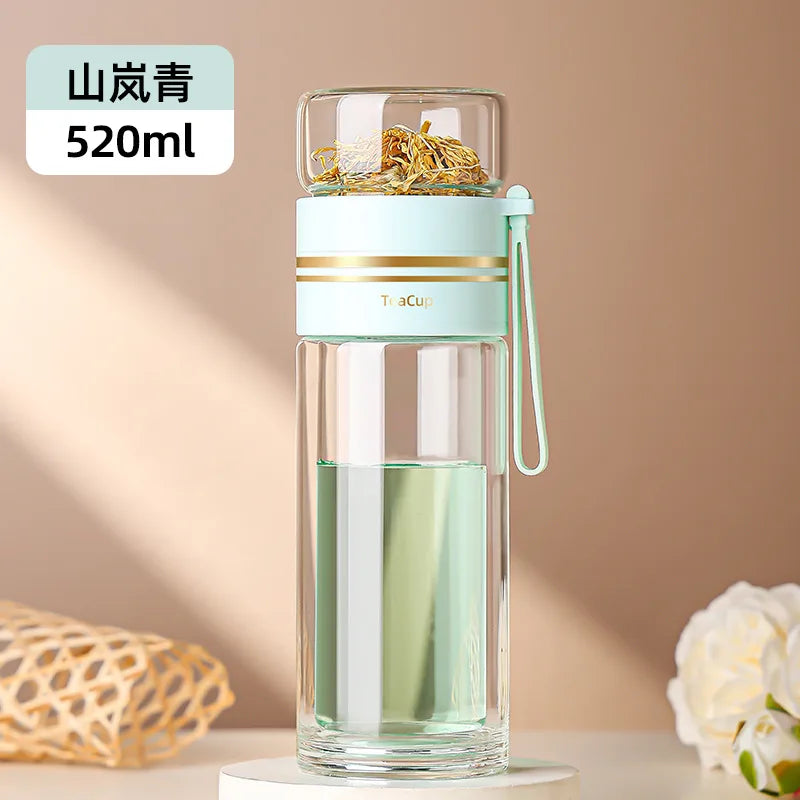 500ml Double‑Walled Glass Tea Infuser Cup, Portable Leak‑Proof Travel Mug with Stainless Steel Filter, Heat‑Resistant for Office Oasis Select Green 520ml