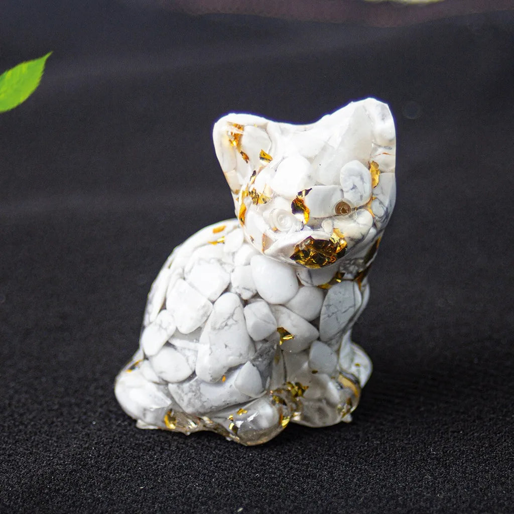 Natural Crystal Gravel Resin Sitting Turning Face Cat Figurine With Gold Foil Cute Desktop Decor For Home Office Oasis Select White Gold