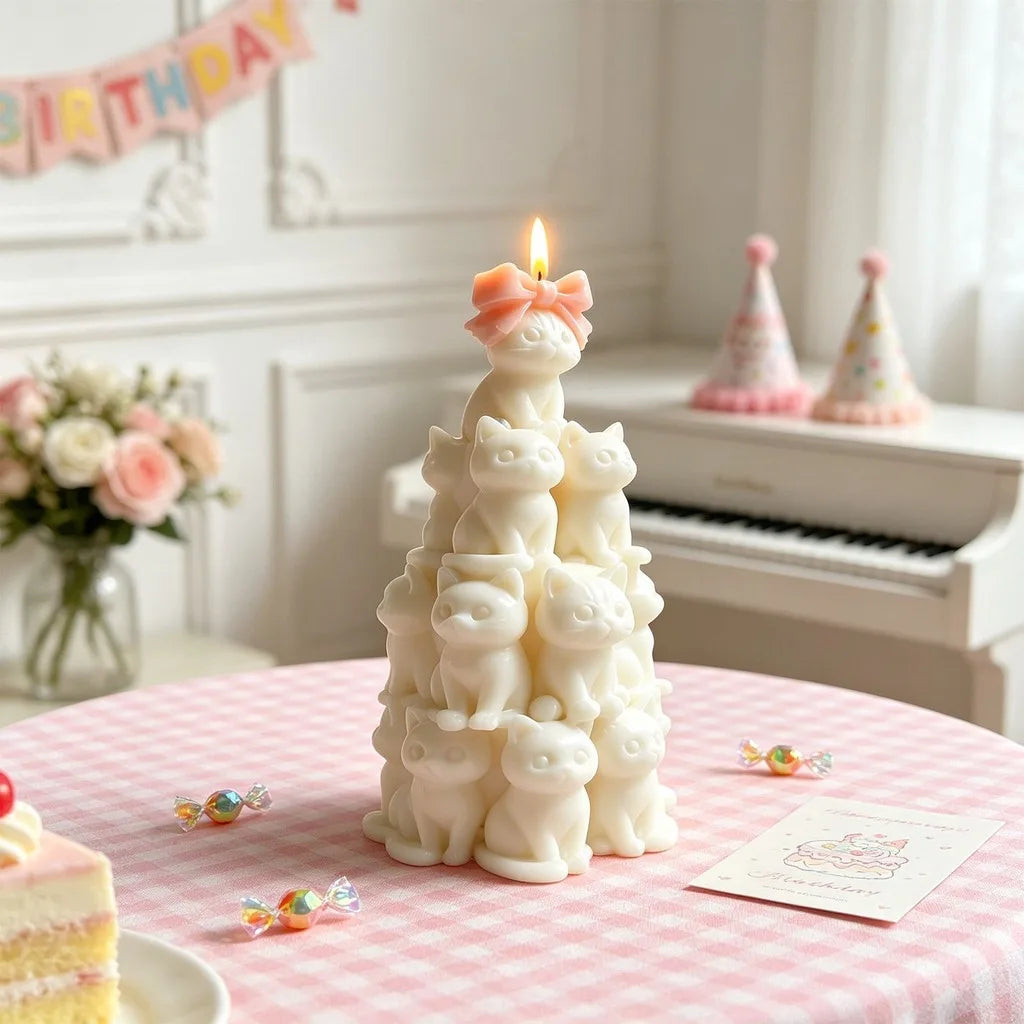 3D Stacked Cats Tower Silicone Mold Cute Bow Cat Shape Mold for DIY Candle Plaster Home Decoration Crafts Oasis Select