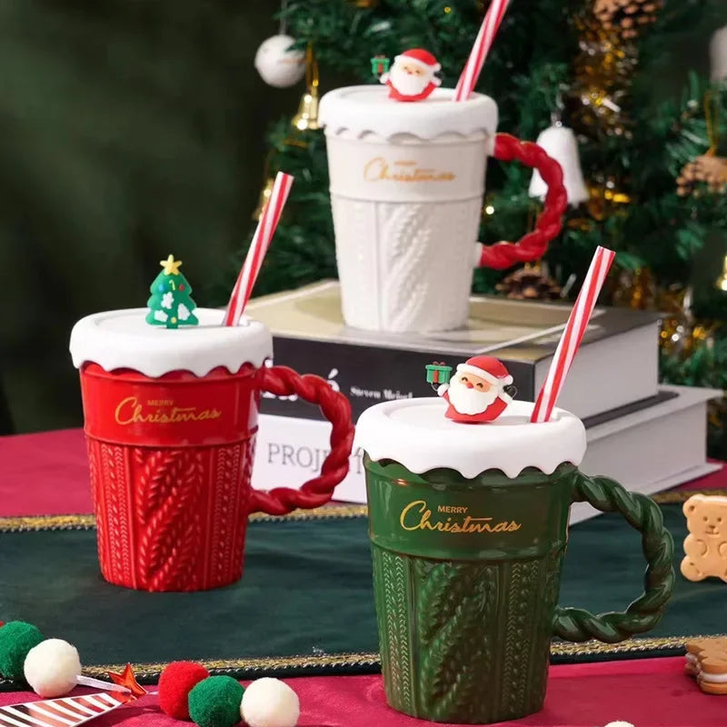 Creative Christmas Mug Christmas Tree Ceramic Water Mug High Appearance Level Sweater with Covered Straw Ceramic Couple Cup Oasis Select