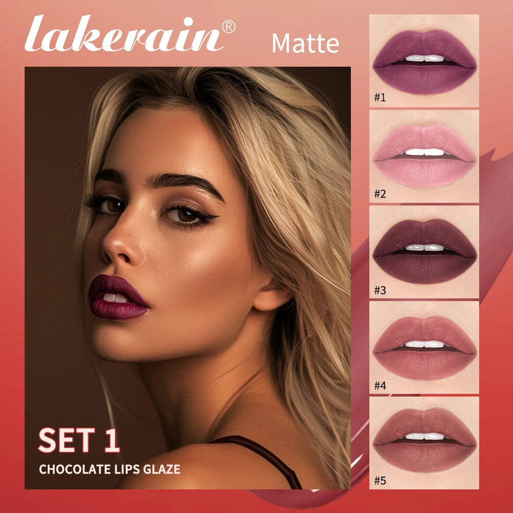 Lakerain Chocolate Lip Gloss Set Long Lasting Matte Finish Lip Tint Waterproof Sweat-proof NonStick Cup Liquid Lipstick 5pcs/Kit Oasis Select