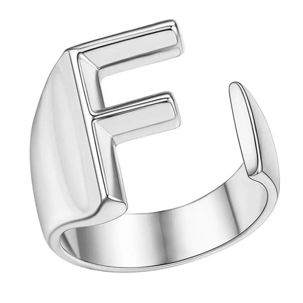 A-Z Initial Letter Ring – Adjustable Silver Open Ring for Women