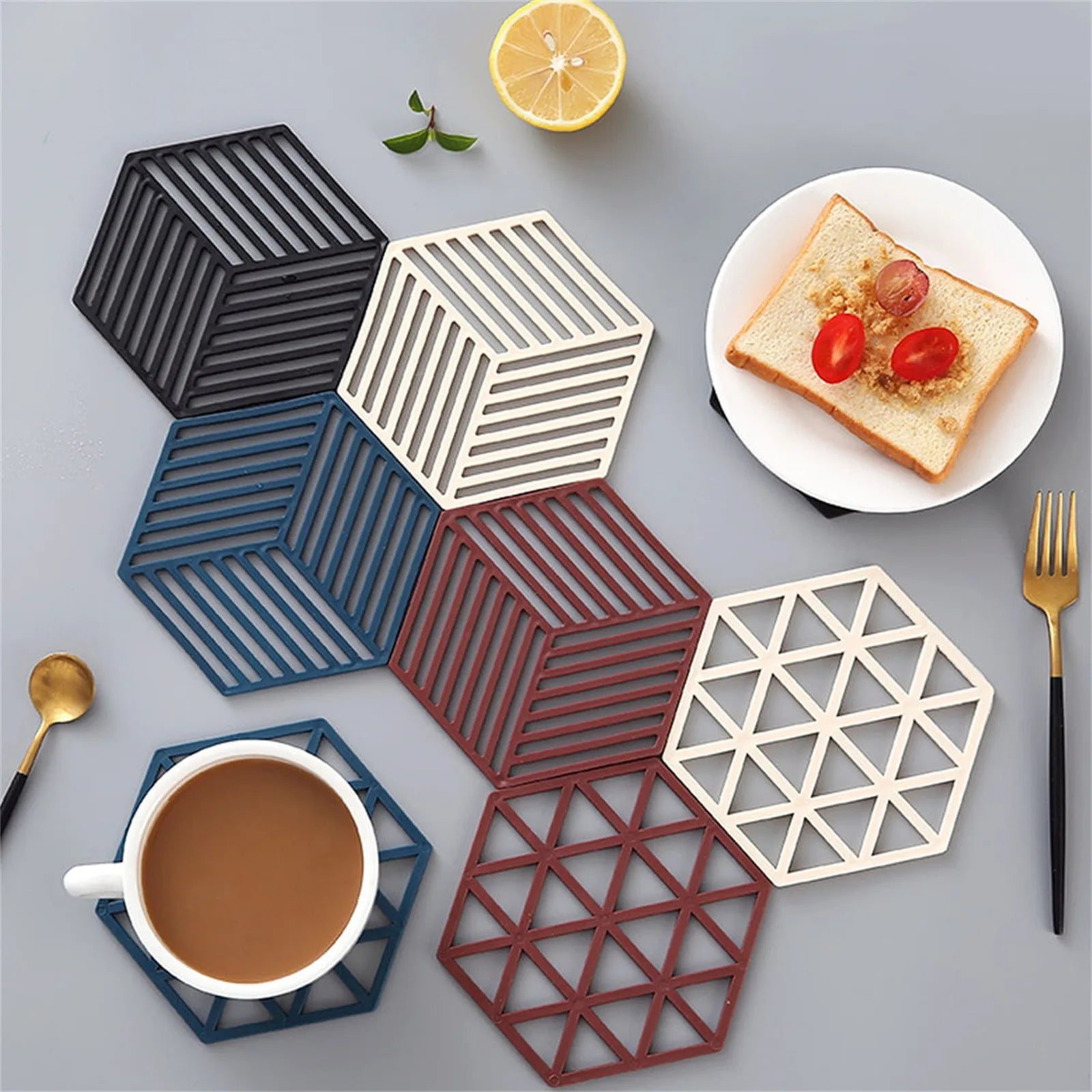 8 Pcs Silicone Trivet Mat And Hot Pads Hexagon Heat Resistant Multifuntion Kitchen Tool Counter Mat Silicone Placemat Pot Holder Oasis Select