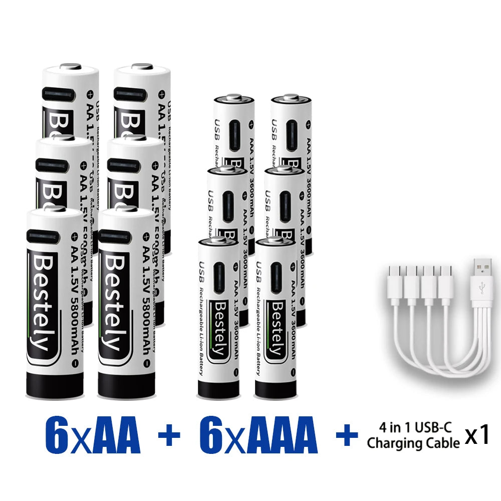 AA+AAA Rechargeable Batteries 1.5V Li-ion Battery Long-Lasting High Capacity Lithium, 2000 Cycle with Free USB-C Cables Oasis Select 6AA 6AAA