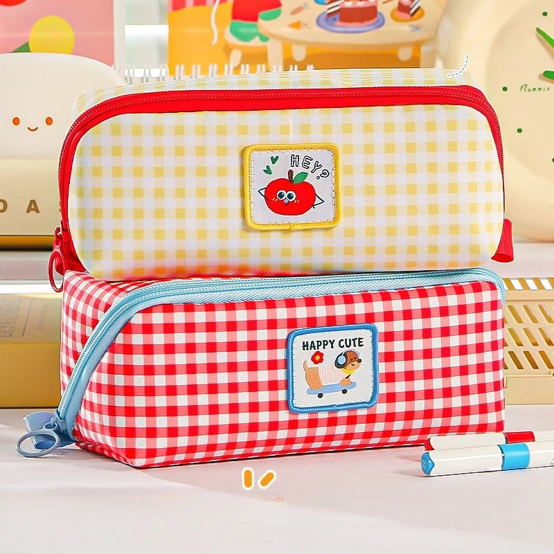1PCs Cartoon Checkered Large Capacity Pencil Case Student School Desktop Storage Stationery Multi Layer Pen Bag Oasis Select