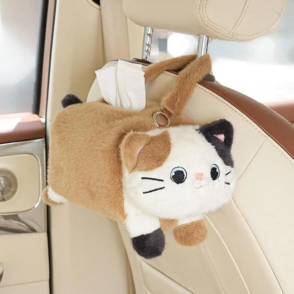 Cute Cat Plush Car Tissue Box Holder – Hanging Dispenser