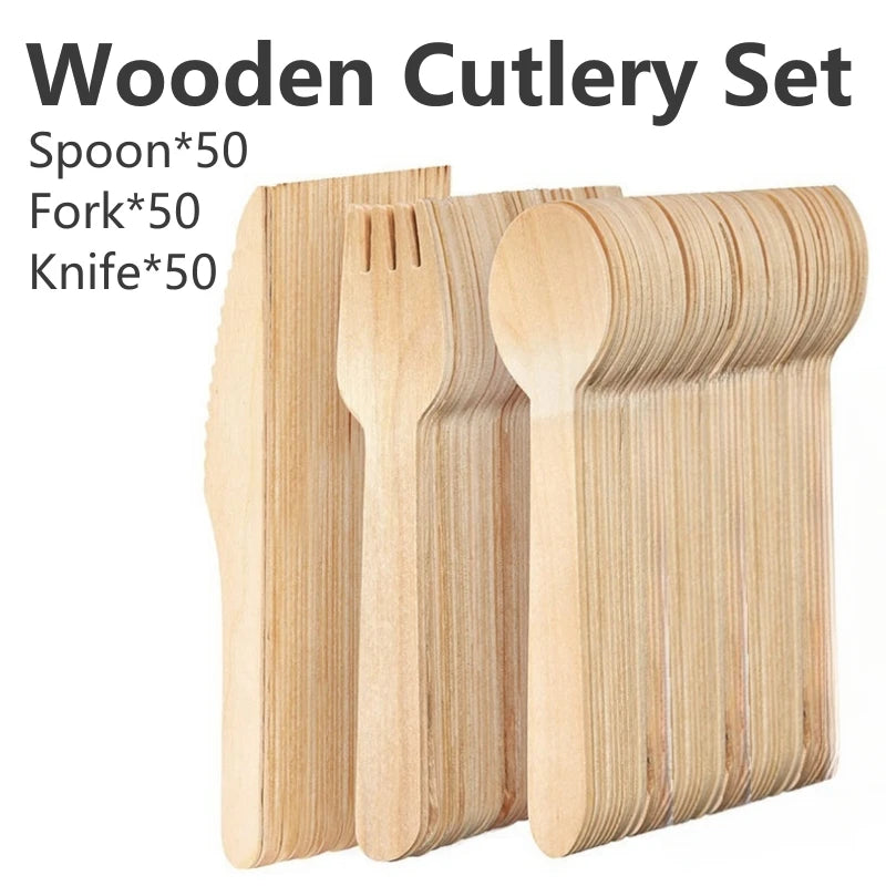 150Pcs Disposable Wooden Spoon Fork Knife Cutlery Set Wedding Birthday Party Tableware Decoration Supplies Dessert Cake Scoop Oasis Select
