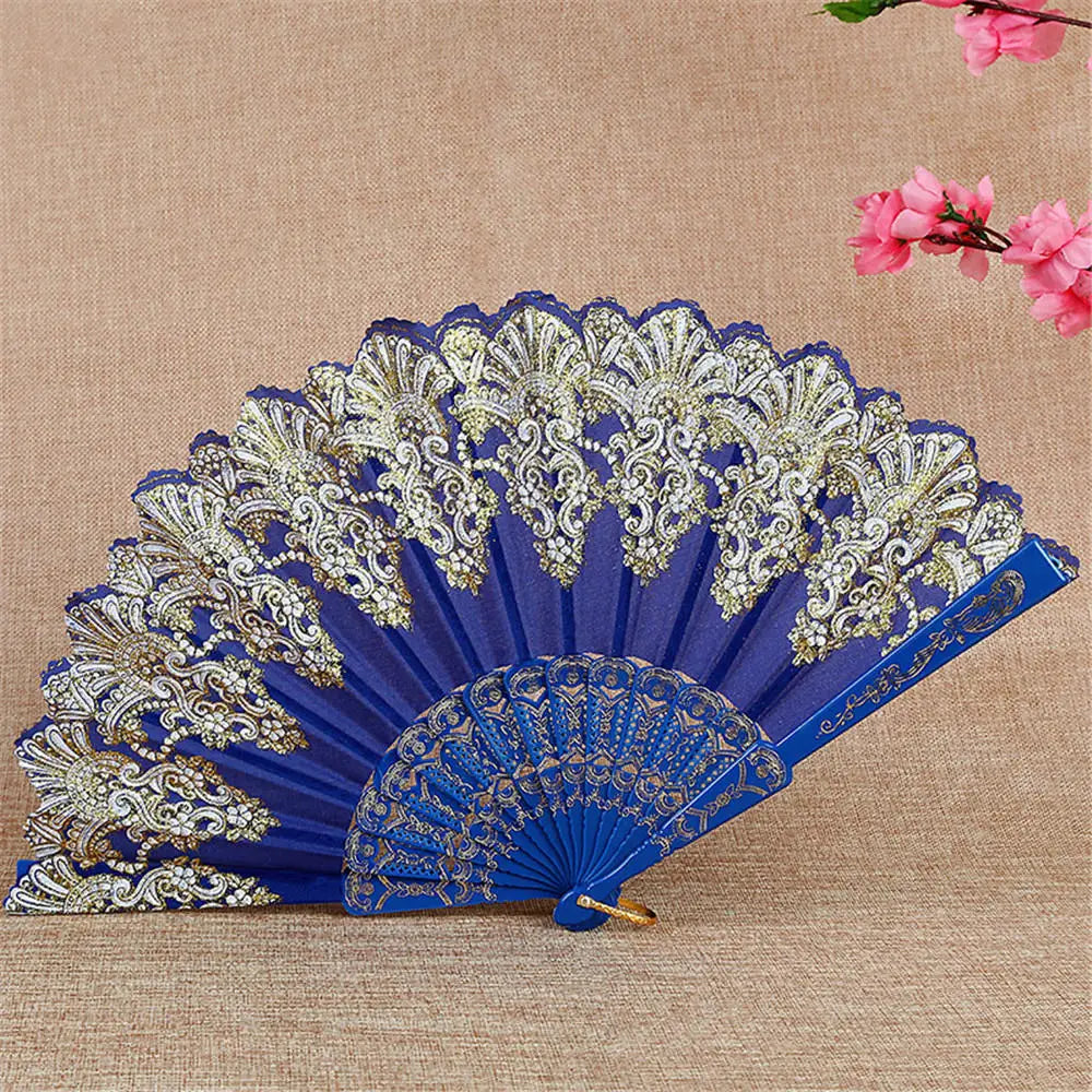 Chinese Style Folding Dance Fans Wedding Party Lace Silk Hand Held Flower Fan Vintage Lace Hand Held Fan Women Girl Photo Prop Oasis Select sapphire blue