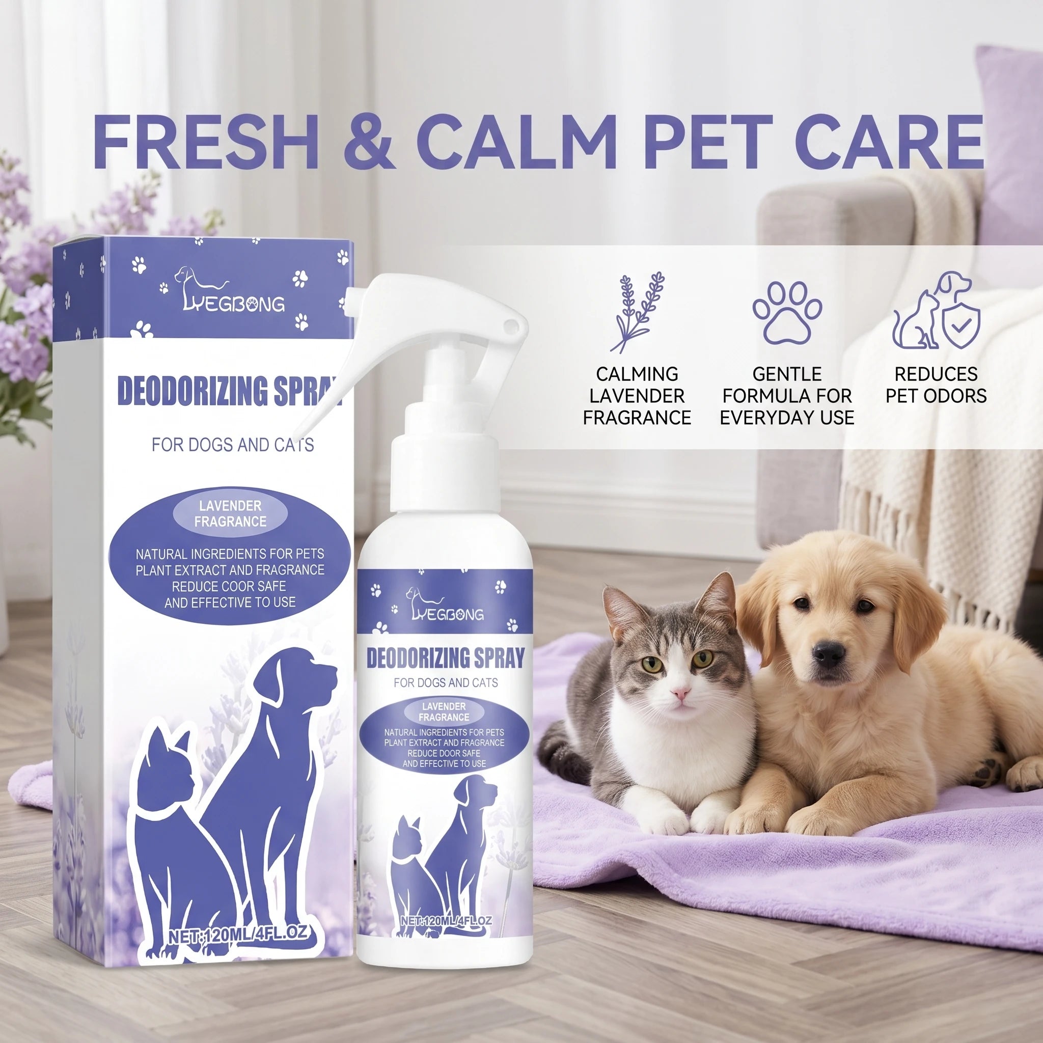Pet Deodorizing Spray Lavender Scent Odor Eliminator for Dogs & Cats Lasting Freshing Reduce Pet Odor on Fur for Sofa Bedding Oasis Select