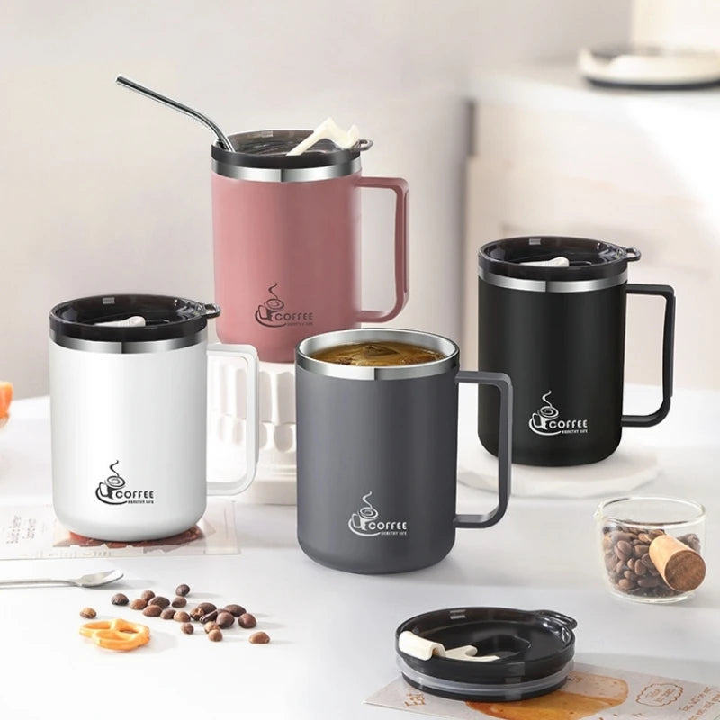 304 Stainless Steel Mug with Lid & Straw, Double-Layered, Suitable for Milk and Coffee, Office Cup with Handle, and Tea Infuser Oasis Select