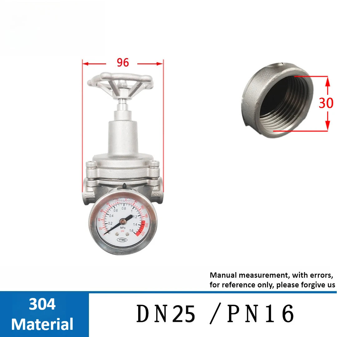 Pressure Reducing Valve 304 Stainless Steel Adjustable Pressure Valve High Flow Thread Internal Thread Tap Water Branch Pipe Oasis Select YZ13X-16P-DN25 Wear a watch