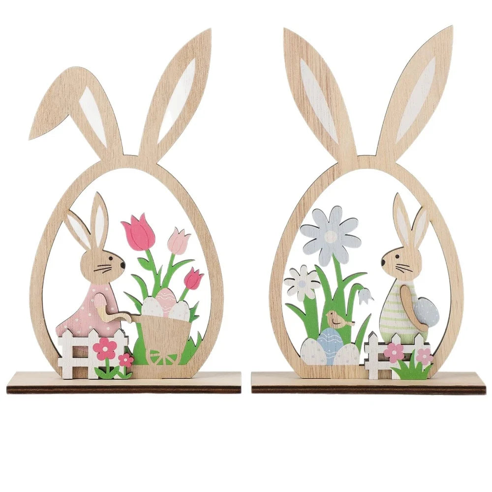 2PCS 2026 Wooden Easter Rabbit Ornaments Craft Painting Bunny Spring Festival Table Ornament Happy Easter Party Home Decor Oasis Select Style 2