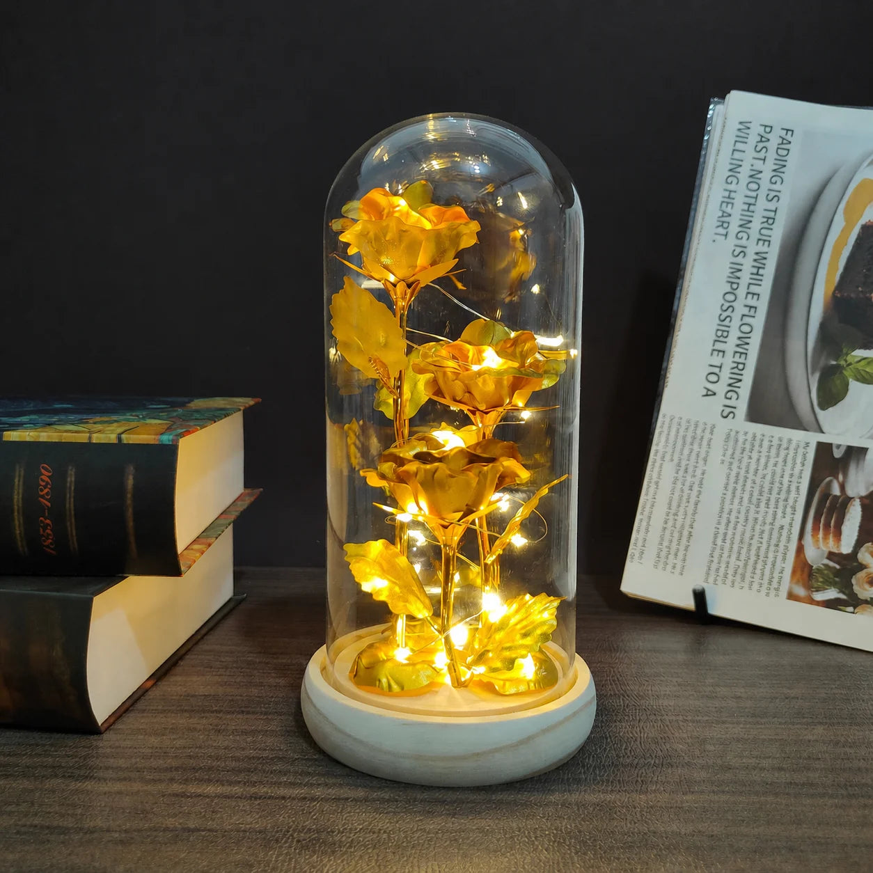 Graduation Season Teacher's Day Creative Gift Box for Women - Rose Flower Gift, Perpetual Flower Glass Cover with Three Artifici Oasis Select Gold