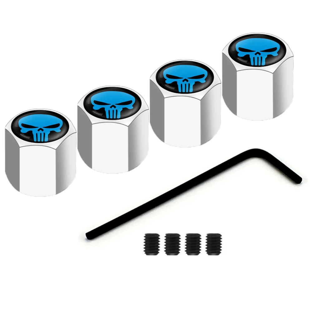 4Pcs/Set Car Styling Zinc Alloy Anti-theft Skull Style Car Tire Valve Caps Wheel Tires Tire Stem Air Cap Airtight Covers Oasis Select Silver Blue