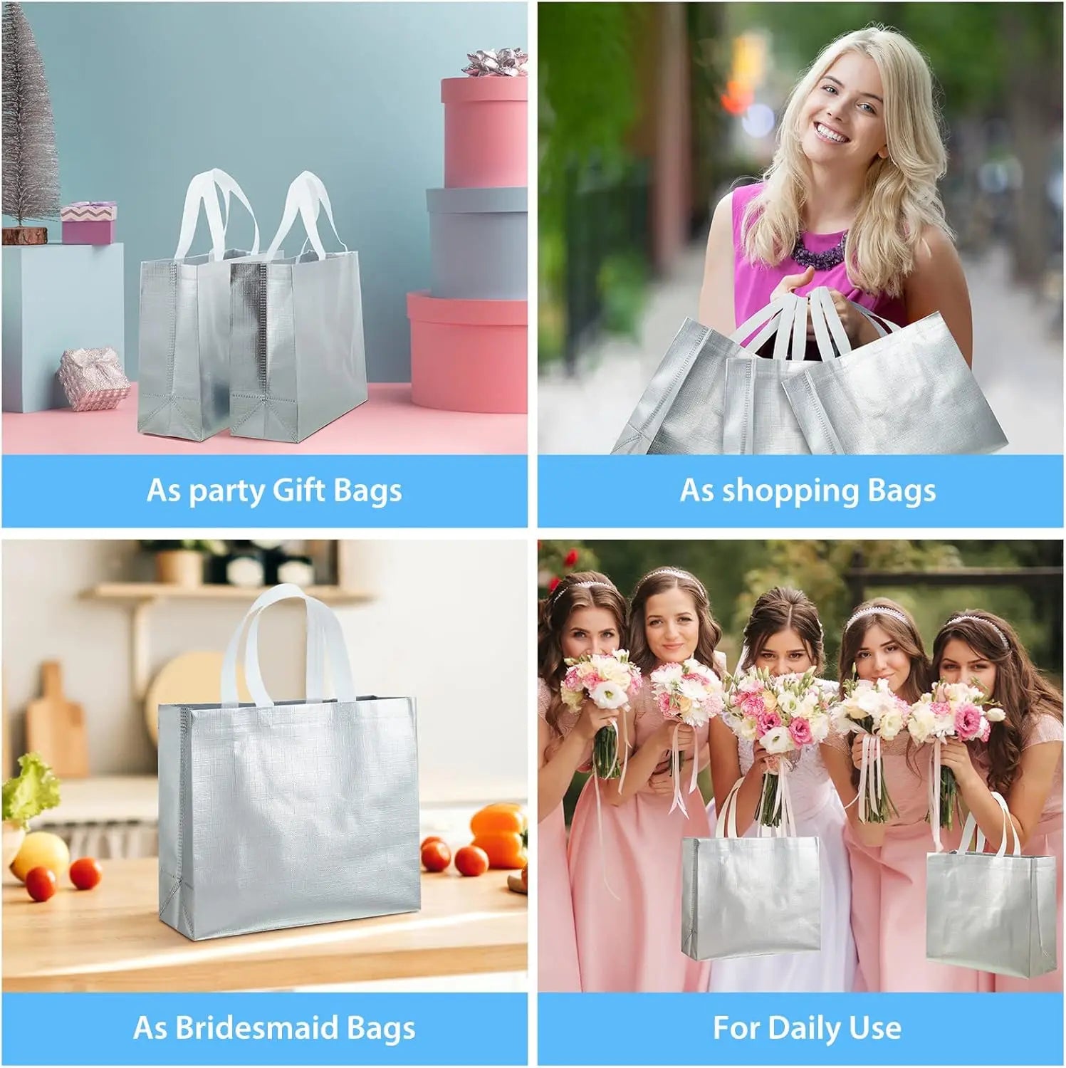 4/6/8PCS Eeusable Gift Bags with Handles Elegant Sliver Gift Bags Independence Day Birthdays Parties Holidays Wedding Shopping Oasis Select