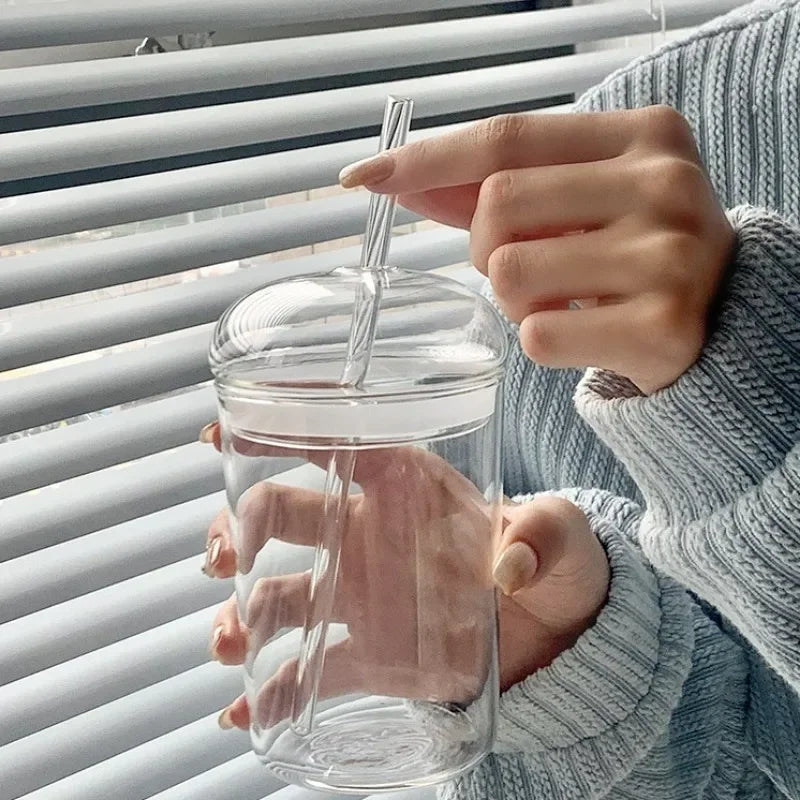450ML Transparent Glass Iced Coffee Cup Ins Style Clear Glass with Lid and Straw Tea Cup Beer Juice Milk Water Cup Drinkware Oasis Select