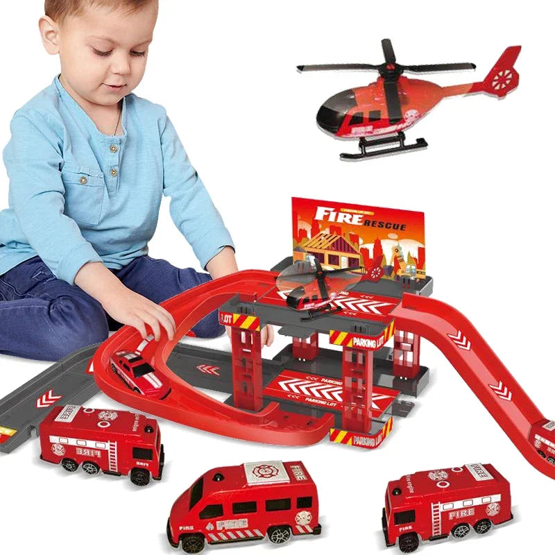 Kid Rail Parking Lot Toys Dinosaur Car Parking Building Model Simulation Fire Police Engineering Vehicle Toy Boys Birthday Gifts Oasis Select
