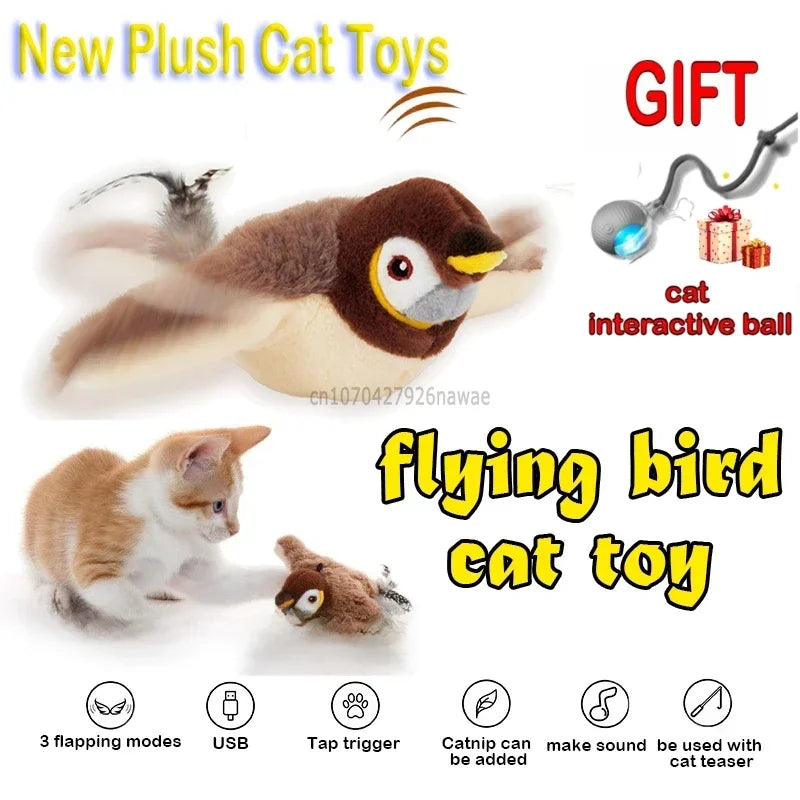 Interactive Cat Toys Rechargeable Electric Chirping Flapping Wings Bird with Catnip Cats Touch-Activated Squeaky Plush Toy Pet Oasis Select