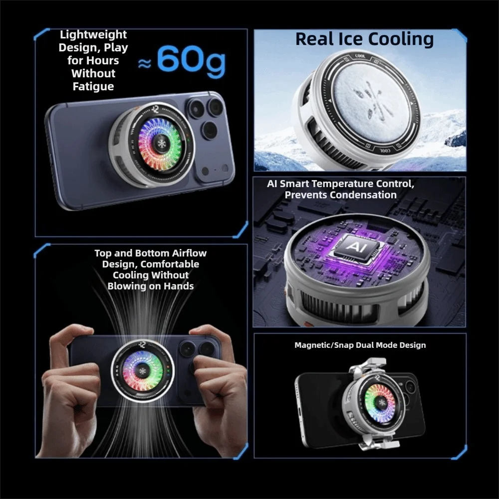 AI Smart Temp Control Magnetic Mobile Phone Cooler 4 Modes RGB Colorful Semiconductor Freezing Gaming Radiator Tablet Heat Sinks Oasis Select