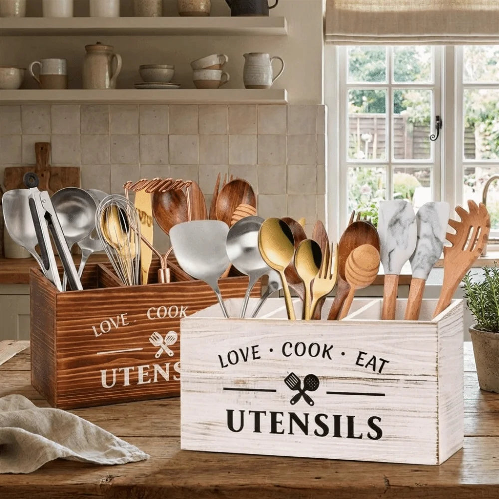Wooden Utensil Holder – 3-Compartment Cutlery Organizer