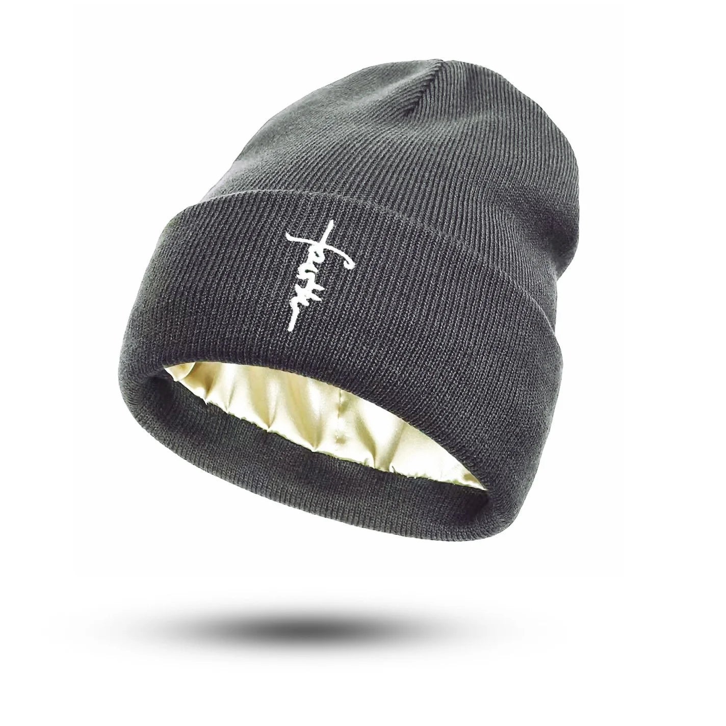 Alphabet embroidered hat, brimless hat, double-layer thickened warm knitted hat, inner lining head, cold hat, melon skin hat Oasis Select GRAY