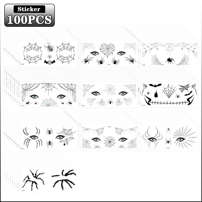 10-100PCS Halloween Spider Face Temporary Tattoo Stickers Black Bat Scary Fake Body Art for Kids Adults One Time Use Waterproof Oasis Select 100PCS