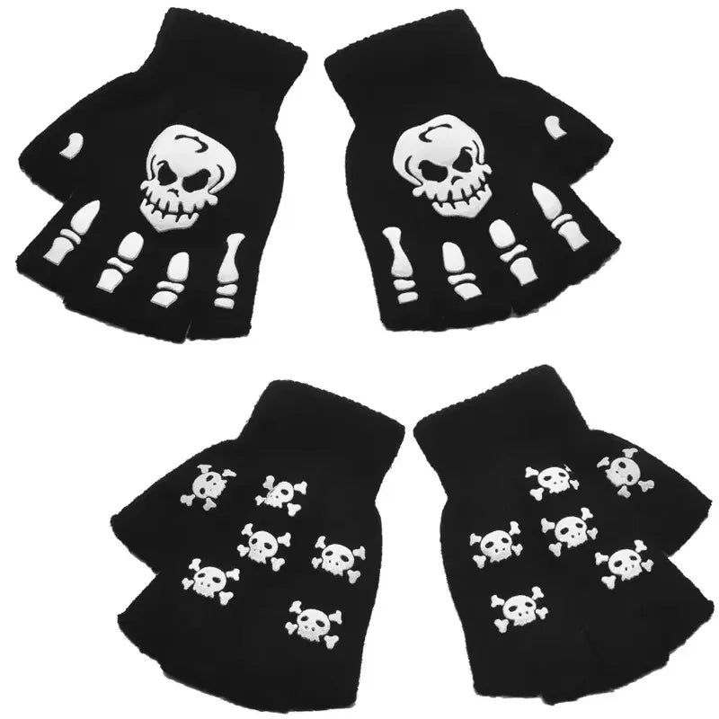 1-4pair Gloves Unisex Halloween Skeleton Skull Half Finger Gloves Glow In The Dark Fingerless Stretch Knitted Winter Mittens Oasis Select 2pair-mix