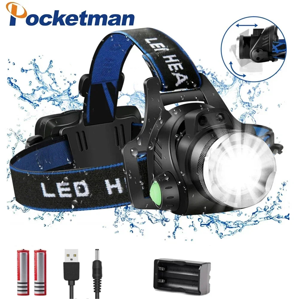 POCKETMAN 30000LM LED Headlamp – Zoomable, Waterproof, 3 Modes