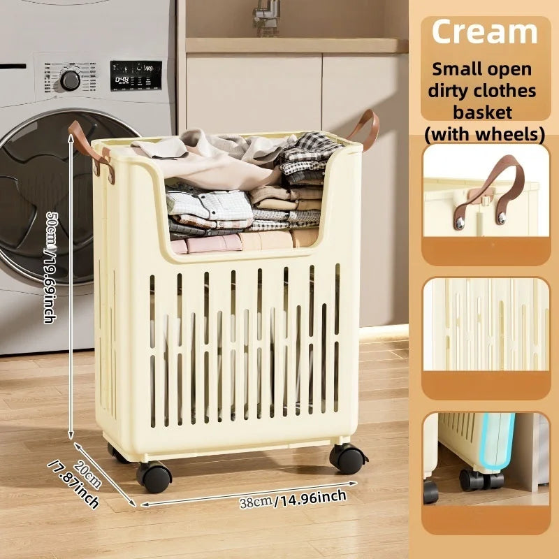 Foldable Open-Top Dirty Clothes Basket, Collapsible Wheeled Laundry Hamper, Space-Saving Organizer for Bedroom/Bathroom Oasis Select Cream Small-Wheel