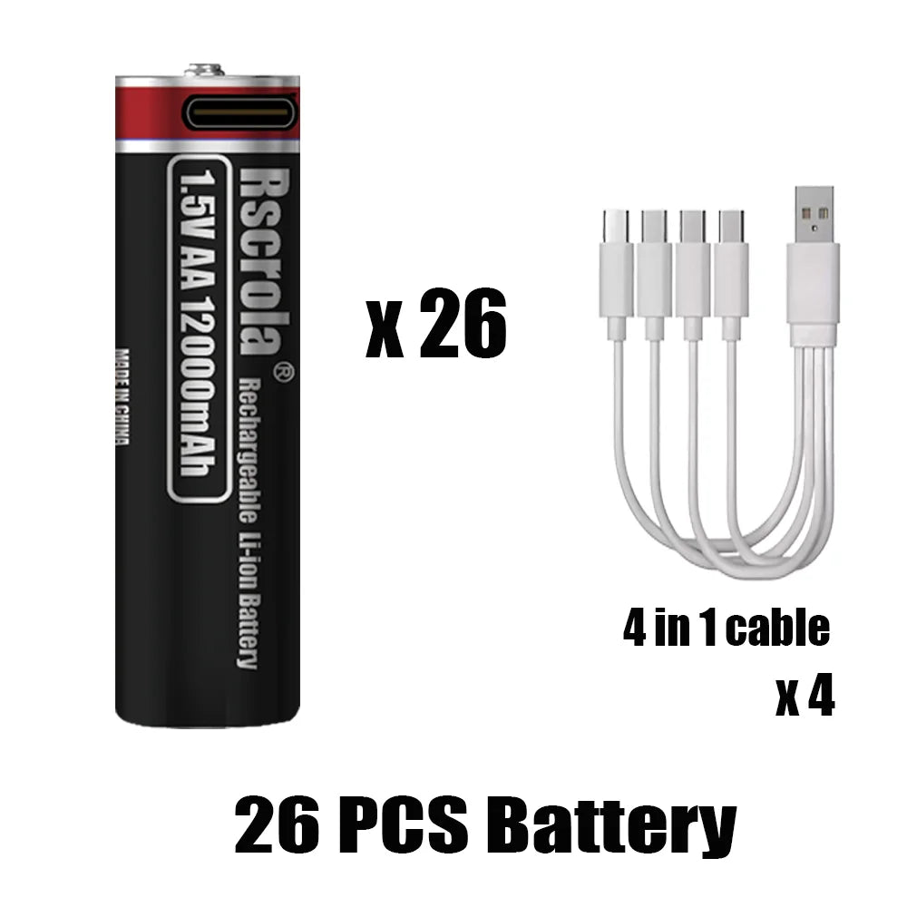 1.5V AA Lithium Battery Rechargeable 12000mAh USB-C Fast Charging, Constant Voltage for Smart Lock, Game Controller, Keyboard Oasis Select 26 pcs AA Batteries 1.5V