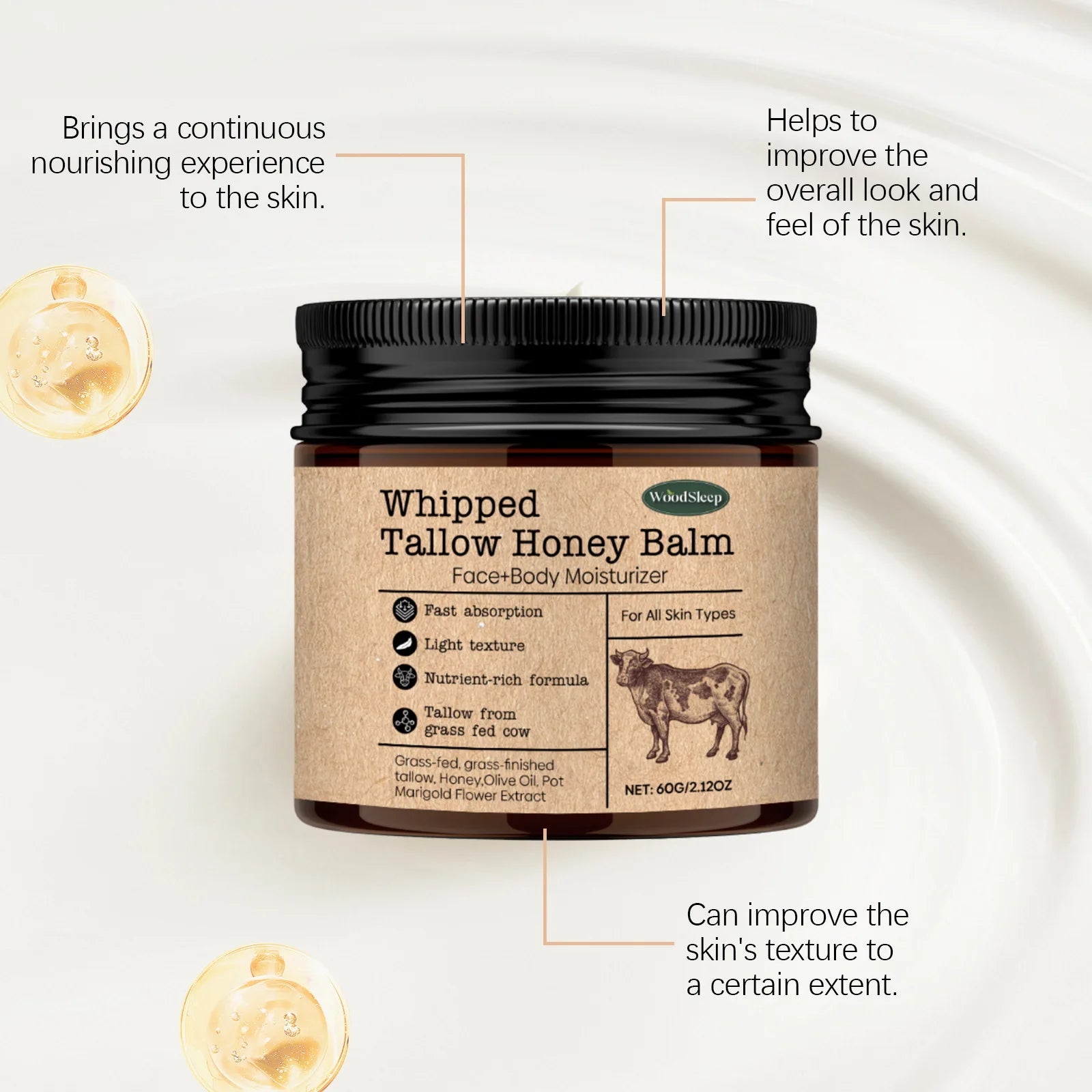 Tallow Skin Moisturizing Balm Improve Smoothing Shrink Pores Fade Fine Lines with Honey All Season Face Brightening Care Cream Oasis Select